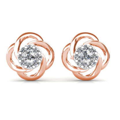 Front view of rose gold swirl diamond cluster stud earrings