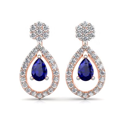 Front view of rose gold sapphire drop diamond halo earrings