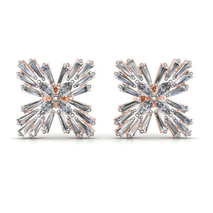 Rose gold baguette diamond starburst earrings, front view
