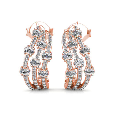 Rose gold multi-row diamond hoop earrings, front view