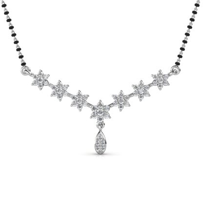 Front view of white gold diamond flower garland mangalsutra pendant