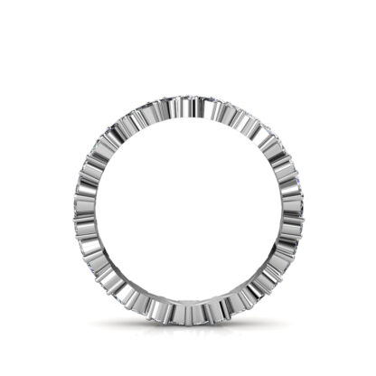 Through-finger view of white gold or platinum marquise diamond leaf eternity band showing the band profile