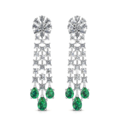 Front view of white gold emerald diamond chandelier earrings