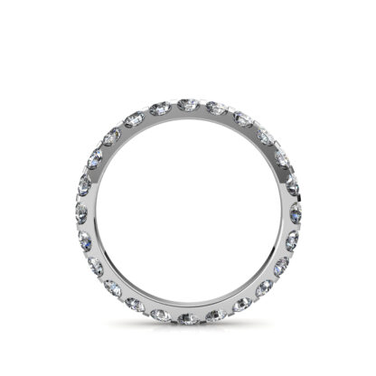 Through-finger view of white gold or platinum bar-set diamond full eternity band showing the band profile