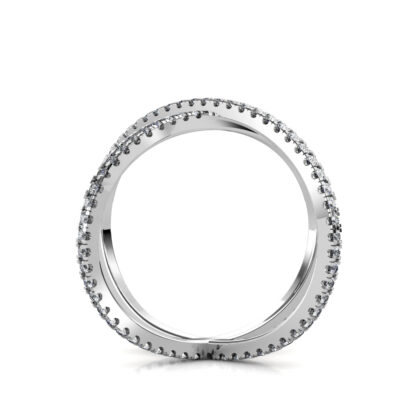 Through-finger view of white gold or platinum diamond criss-cross X ring showing the band profile