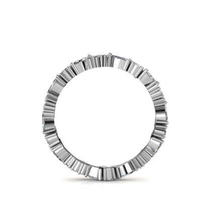 Through-finger view of white gold or platinum marquise and round diamond cluster eternity band showing the band profile