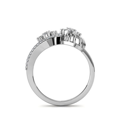 Through-finger view of white gold or platinum floral cluster bypass diamond cocktail ring showing the band profile