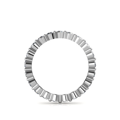 Through-finger view of white gold or platinum individually set diamond eternity band showing the band profile