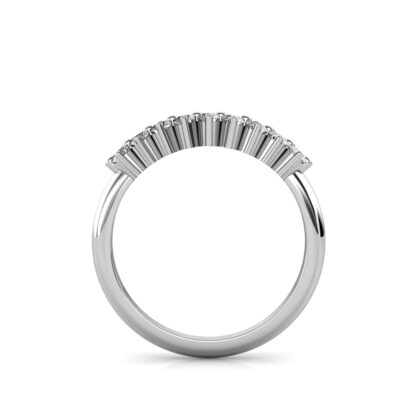 Through-finger view of white gold or platinum two row diamond cluster band showing the band profile