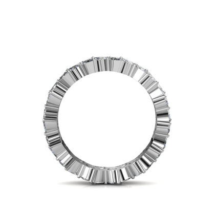 Through-finger view of white gold or platinum double row marquise diamond leaf eternity band showing the band profile