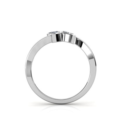 Through-finger view of white gold or platinum marquise diamond twin leaf bypass ring showing the band profile
