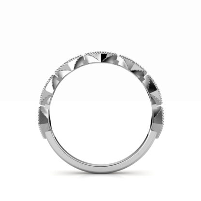 Through-finger view of white gold or platinum milgrain kite frame diamond stacking band showing the band profile
