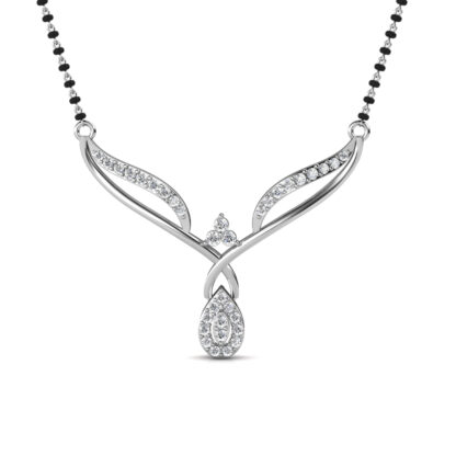 Front view of white gold crossed leaf diamond drop mangalsutra pendant