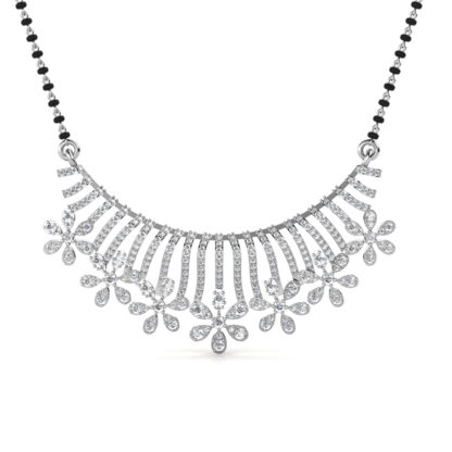 Front view of white gold diamond sunburst fan mangalsutra pendant