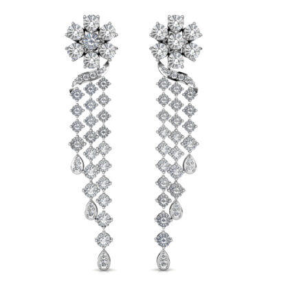 Front view of white gold diamond flower tassel drop earrings