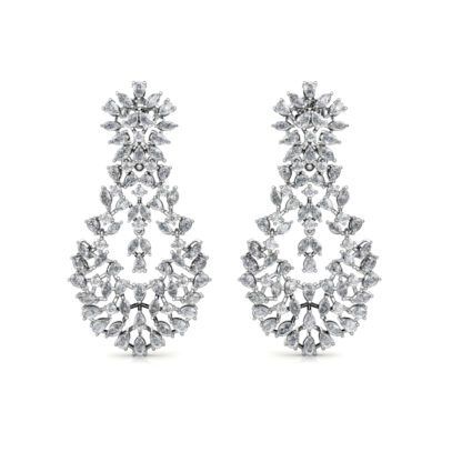 Front view of white gold diamond chandelier earrings