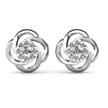 Front view of white gold or platinum swirl diamond cluster stud earrings