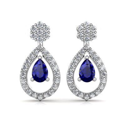 Front view of white gold sapphire drop diamond halo earrings