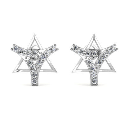 Front view of white gold diamond star ribbon stud earrings