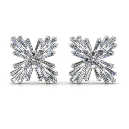 White gold baguette diamond starburst earrings, front view