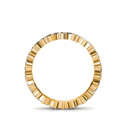 Through-finger view of yellow gold marquise diamond leaf eternity band showing the band profile