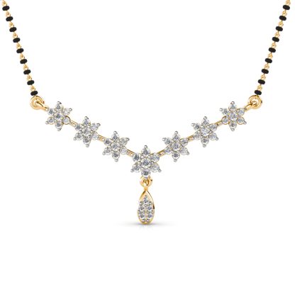 Front view of yellow gold diamond flower garland mangalsutra pendant