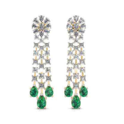 Front view of yellow gold emerald diamond chandelier earrings