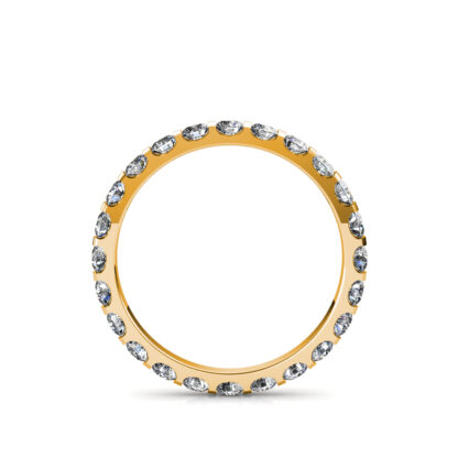 Through-finger view of yellow gold bar-set diamond full eternity band showing the band profile