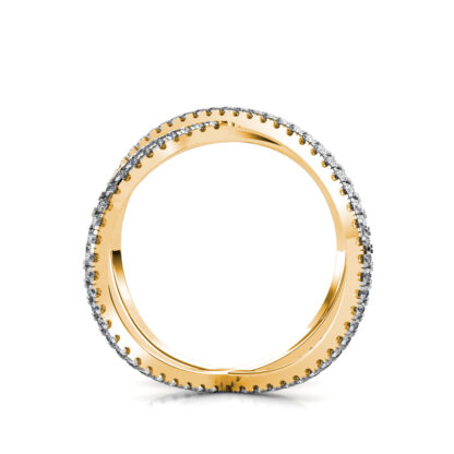 Through-finger view of yellow gold diamond criss-cross X ring showing the band profile