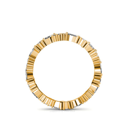 Through-finger view of yellow gold marquise and round diamond cluster eternity band showing the band profile