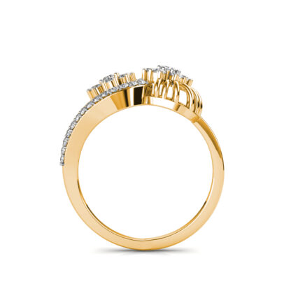 Through-finger view of yellow gold floral cluster bypass diamond cocktail ring showing the band profile