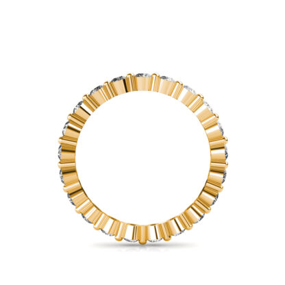 Through-finger view of yellow gold individually set diamond eternity band showing the band profile