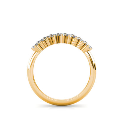Through-finger view of yellow gold two row diamond cluster band showing the band profile
