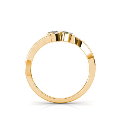 Through-finger view of yellow gold marquise diamond twin leaf bypass ring showing the band profile