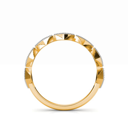 Through-finger view of yellow gold milgrain kite frame diamond stacking band showing the band profile