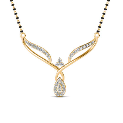 Front view of yellow gold crossed leaf diamond drop mangalsutra pendant