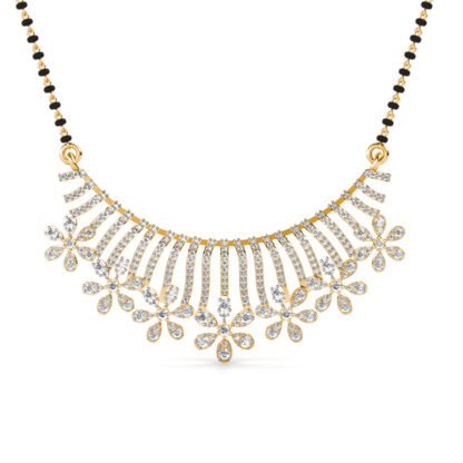 Front view of yellow gold diamond sunburst fan mangalsutra pendant
