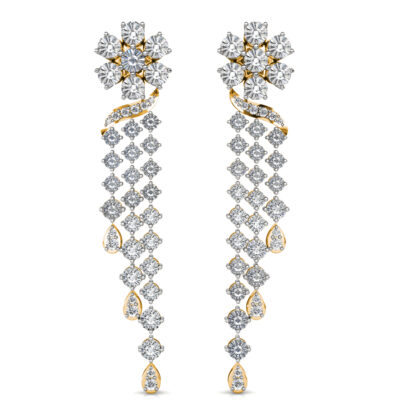 Front view of yellow gold diamond flower tassel drop earrings