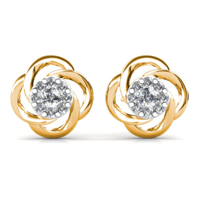 Front view of yellow gold swirl diamond cluster stud earrings