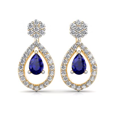 Front view of yellow gold sapphire drop diamond halo earrings