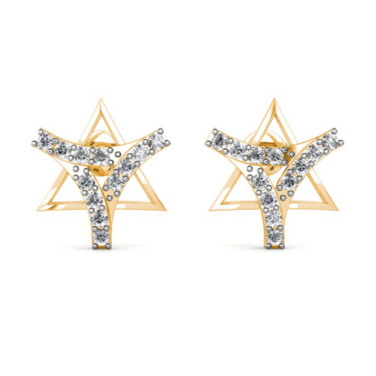 Front view of yellow gold diamond star ribbon stud earrings