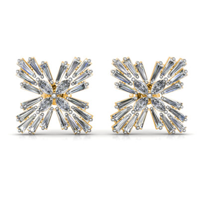 Yellow gold baguette diamond starburst earrings, front view