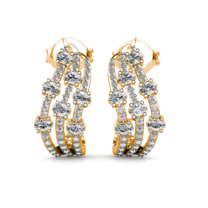 Yellow gold multi-row diamond hoop earrings, front view