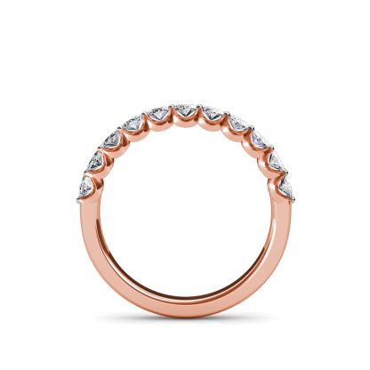 Through-finger view of rose gold oval diamond half eternity ring showing the band profile