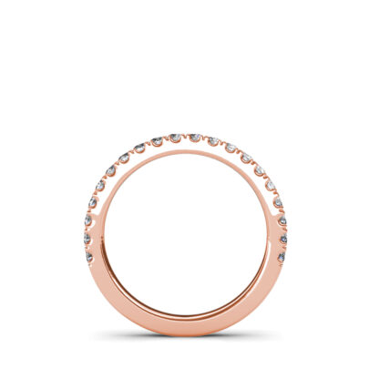 Through-finger view of rose gold prong-set diamond half eternity ring showing the band profile