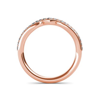 Through-finger view of rose gold twisted V pave diamond stacking band showing the band profile