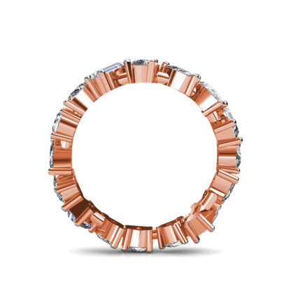 Through-finger view of rose gold mixed shape diamond eternity band showing the band profile