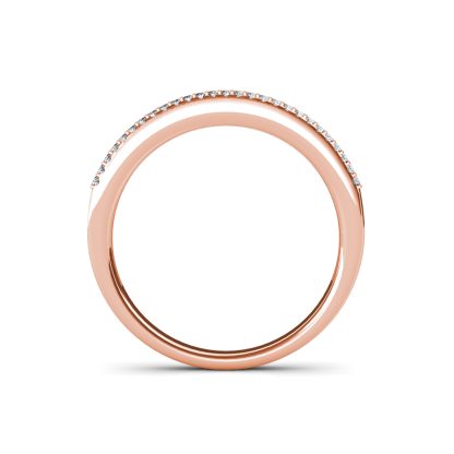 Through-finger view of rose gold baguette diamond half eternity band showing the band profile