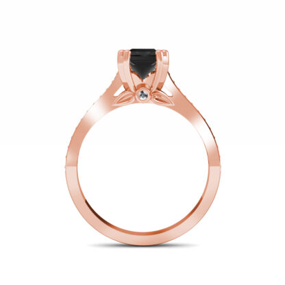 Through-finger view of rose gold black diamond solitaire ring with pave shoulders showing the band profile