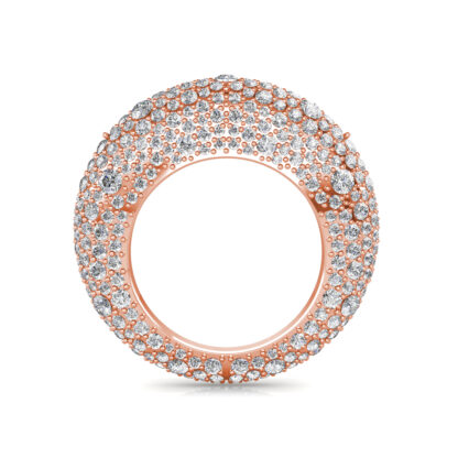 Through-finger view of rose gold full pave diamond dome ring showing the band profile